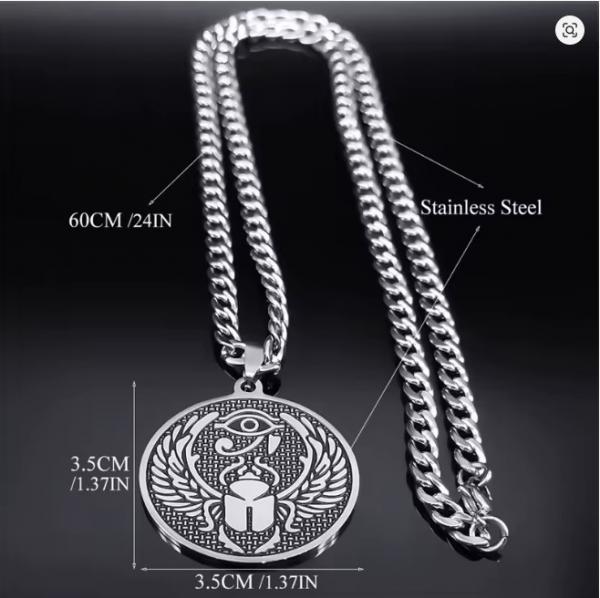 Halskette mit Horusauge und Skarabäus-Mistkäfer-Amulett für Damen und Herren, Edelstahl, ägyptischer Anhänger, runder Schmuck
